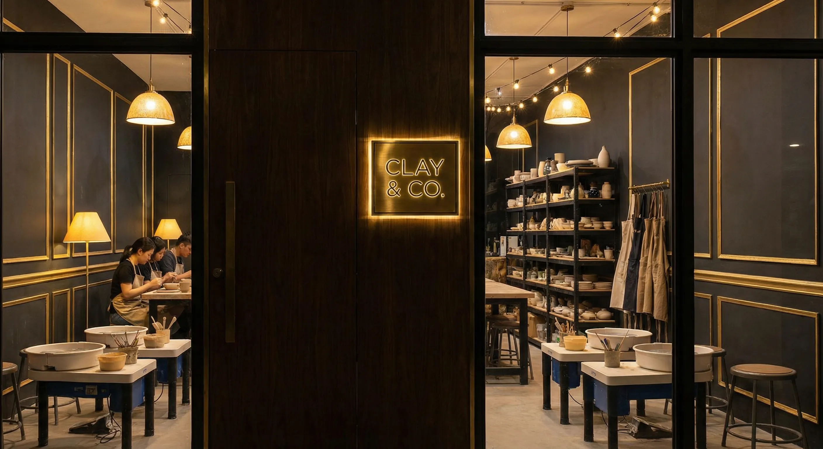 Studio entrance with warm lighting