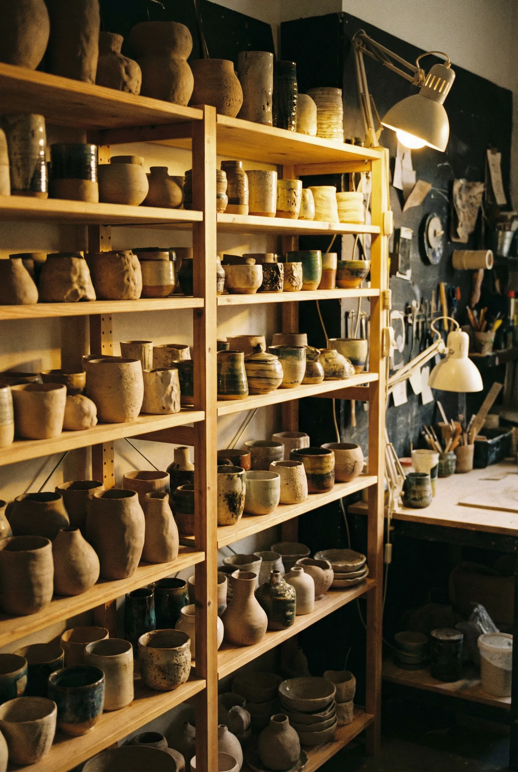 Studio shelves with ceramic prototypes