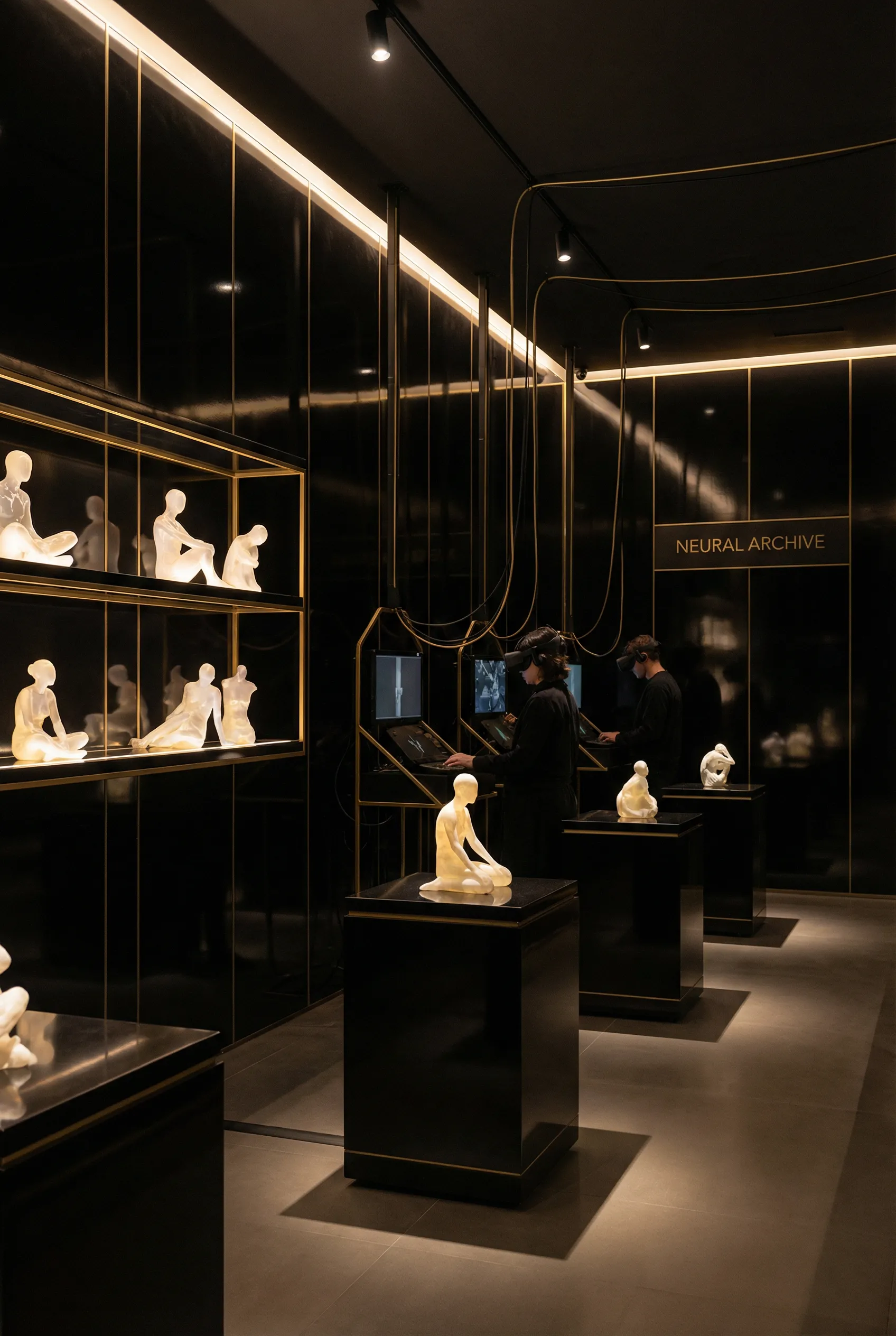 VR lab with floating ceramic silhouettes