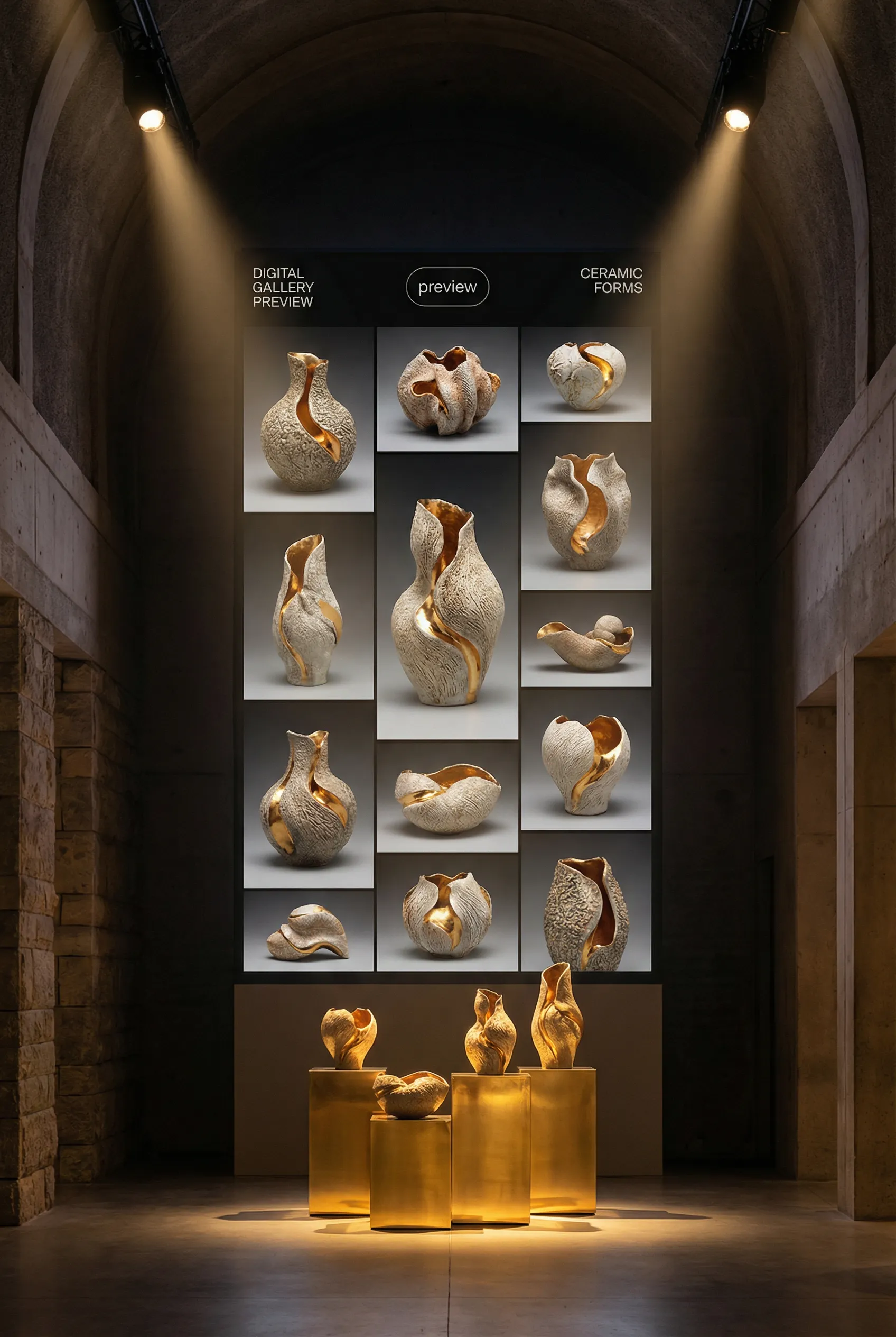 Digital gallery preview with ceramic sculptures