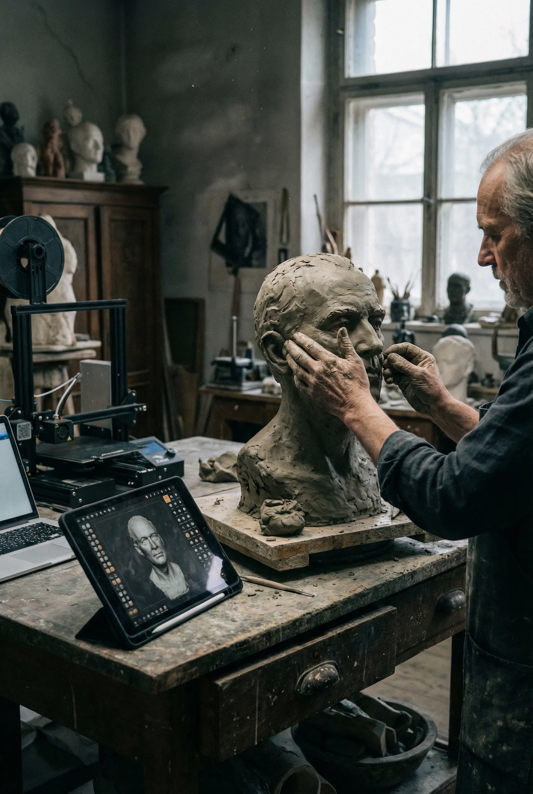 Artist sculpting clay with digital tools