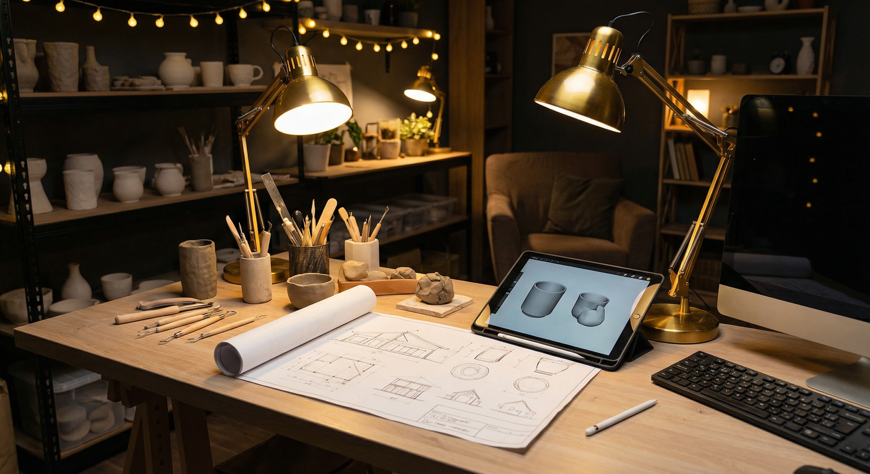 Studio desk with ceramic tools and blueprint