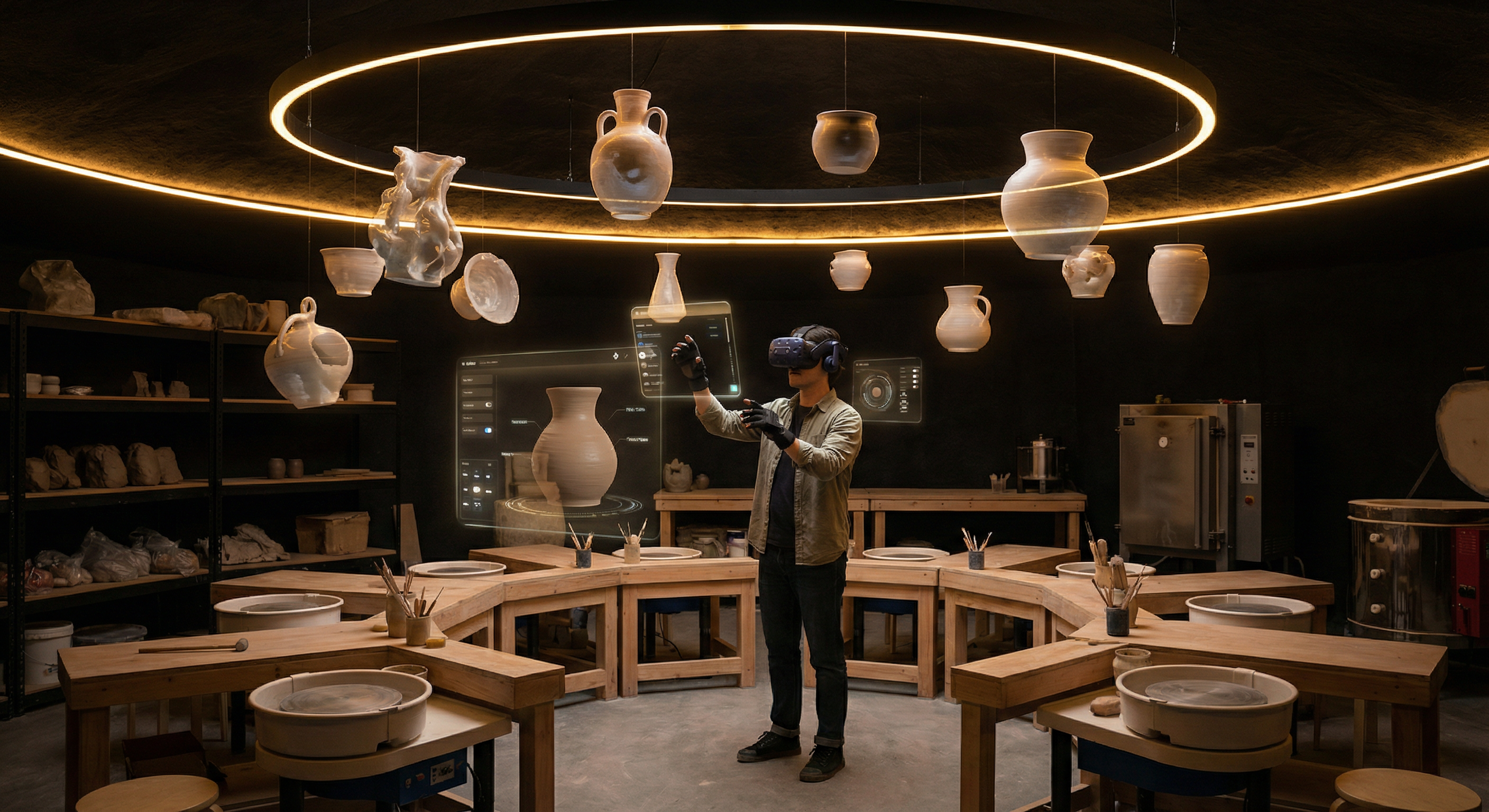 VR workshop with floating ceramic forms
